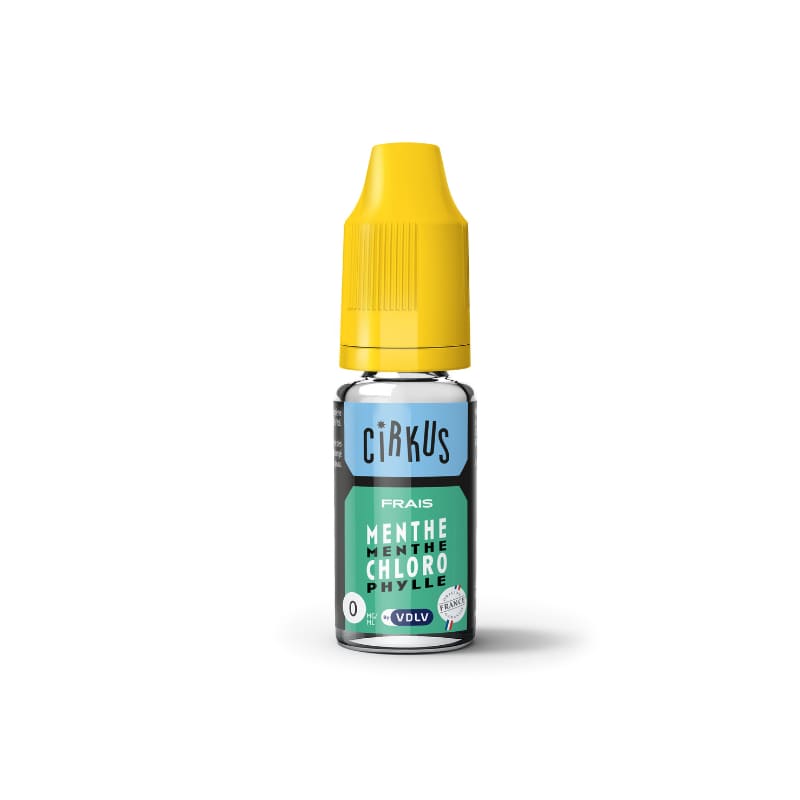 Flacon de 10 ml d'e-liquide Cirkus Menthe Chlorophylle avec bouchon jaune et étiquette verte sur fond blanc.
