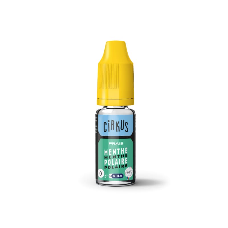 Flacon de 10 ml d'e-liquide VDLV Cirkus Menthe Polaire avec bouchon jaune et étiquette bleue et verte sur fond blanc.
