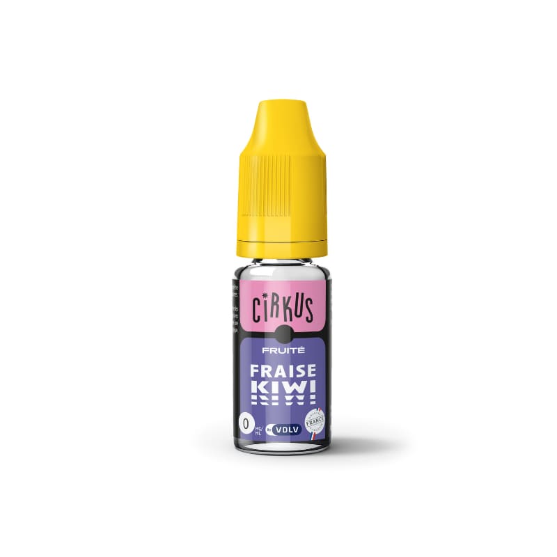 Flacon d'e-liquide VDLV Cirkus Fraise Kiwi 10ml avec bouchon jaune, étiquette violette et rose sur fond blanc.