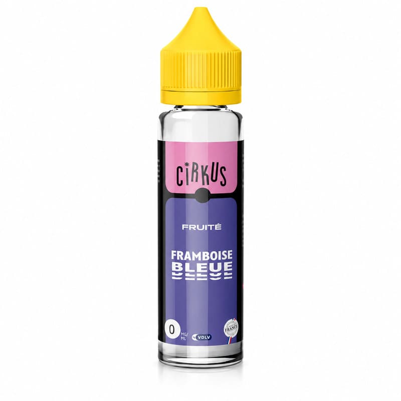Flacon de 50 ml d'e-liquide Cirkus Framboise Bleue avec étiquette violette et bouchon jaune vif sur fond blanc.