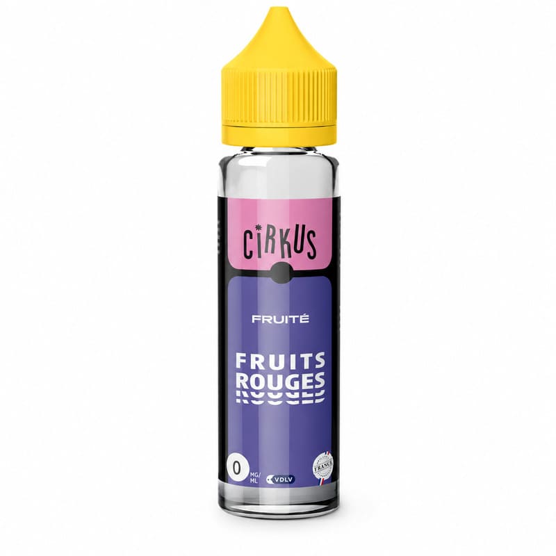 Flacon d'e-liquide Cirkus Fruits Rouges 50ml avec étiquette rose et violette et bouchon jaune vif sur fond blanc.