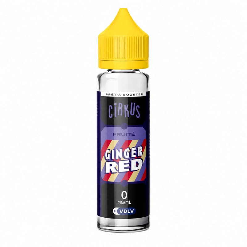 Flacon d'e-liquide Ginger Red Cirkus 50ml avec bouchon jaune, étiquette bleue et rayures rouges sur fond blanc.