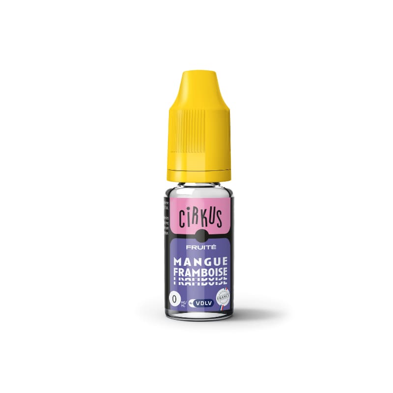 Flacon d'e-liquide VDLV Cirkus Mangue Framboise 10ml avec bouchon jaune et étiquette colorée sur fond blanc.