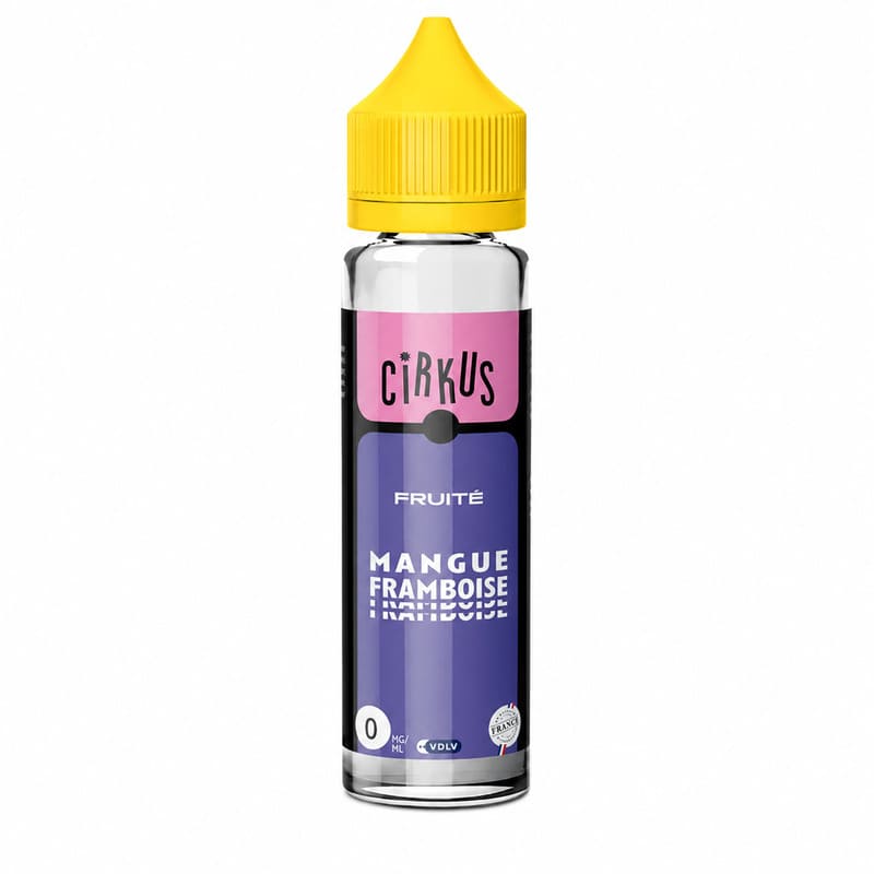 Flacon d'e-liquide Cirkus Mangue Framboise 50ml avec bouchon jaune, étiquette rose et violette sur fond blanc.