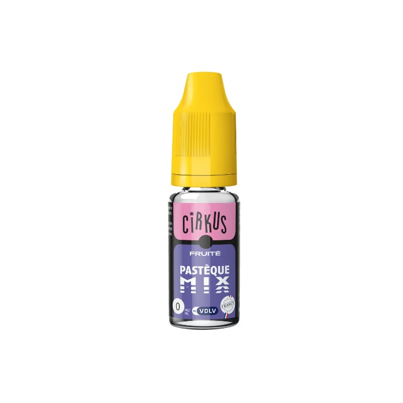 Flacon de 10 ml d'e-liquide VDLV Cirkus Pastèque Mix avec bouchon jaune et étiquette violette et rose.