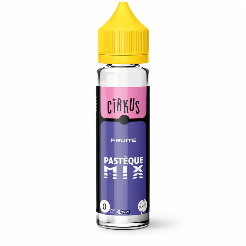Flacon de 50ml VDLV Cirkus Pastèque Mix avec bouchon jaune, étiquette rose et violette sur fond blanc.