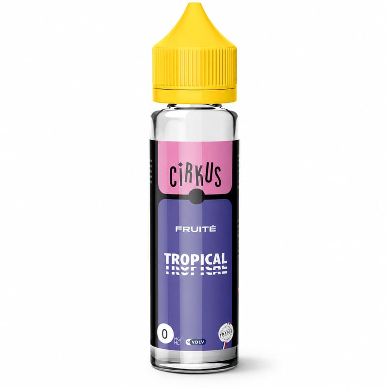 Flacon d'e-liquide Cirkus Tropical 50ml avec bouchon jaune, étiquette rose et violette sur fond blanc.