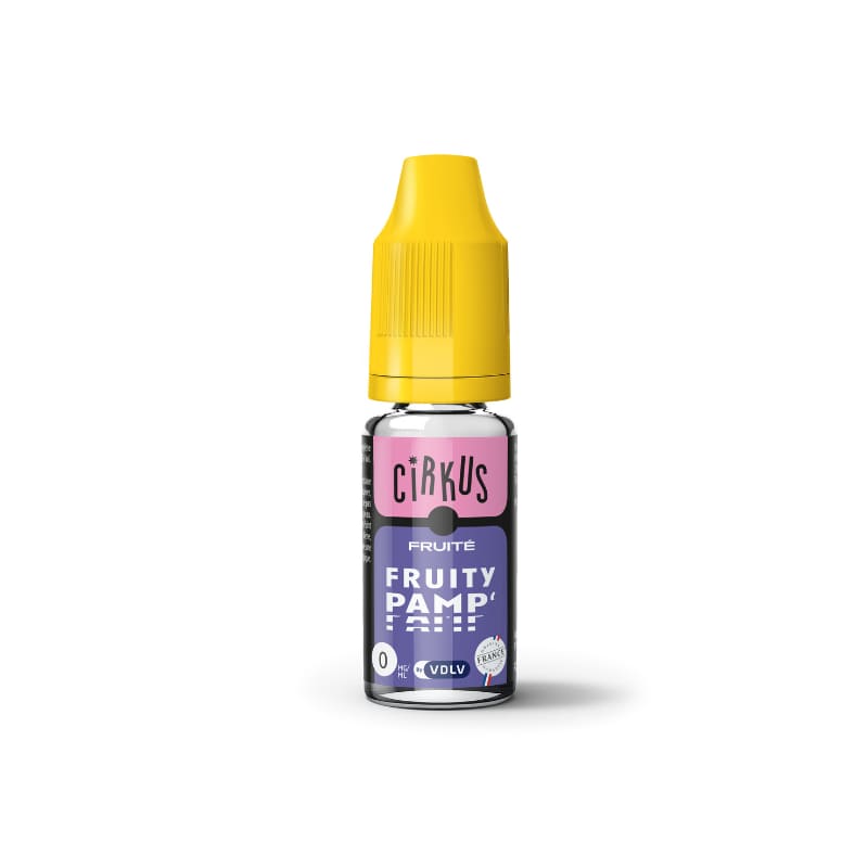Flacon d'e-liquide VDLV Cirkus Fruity Pamp 10ml avec bouchon jaune et étiquette rose et bleue sur fond blanc.