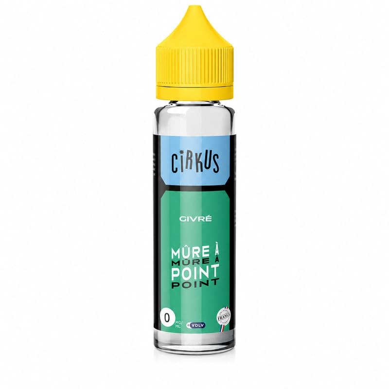 Flacon de 50ml d'e-liquide Cirkus Givré Mûre À Point avec étiquette verte et bouchon jaune vif sur fond blanc.