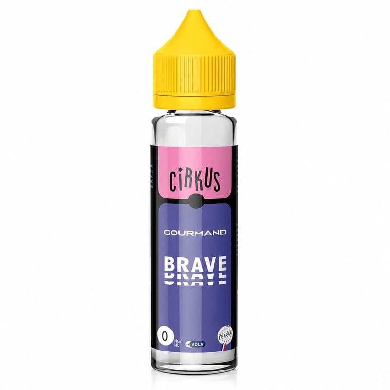 Flacon d'e-liquide VDLV Cirkus Brave 50ml avec bouchon jaune, étiquette violette et rose, format 70ml sans nicotine.