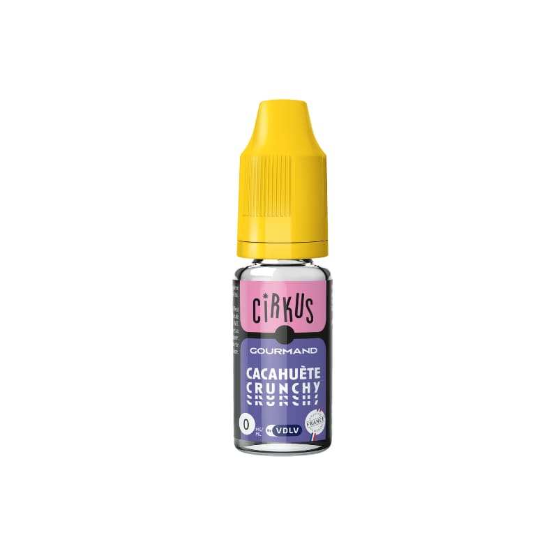 Flacon d'e-liquide Cirkus Cacahuète Crunchy 10ml avec bouchon jaune et étiquette violette et rose sur fond blanc.