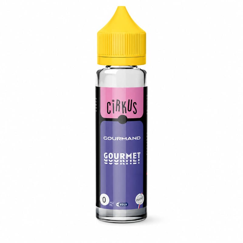 Flacon de 50 ml d'e-liquide Cirkus Gourmet avec bouchon jaune, étiquette violette et rose, sans nicotine.