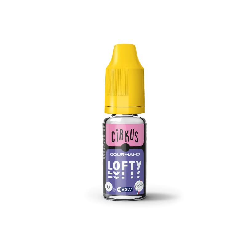 Flacon d'e-liquide Cirkus Lofty 10ml avec bouchon jaune, étiquette rose et noire, saveur gourmande noisette et caramel.