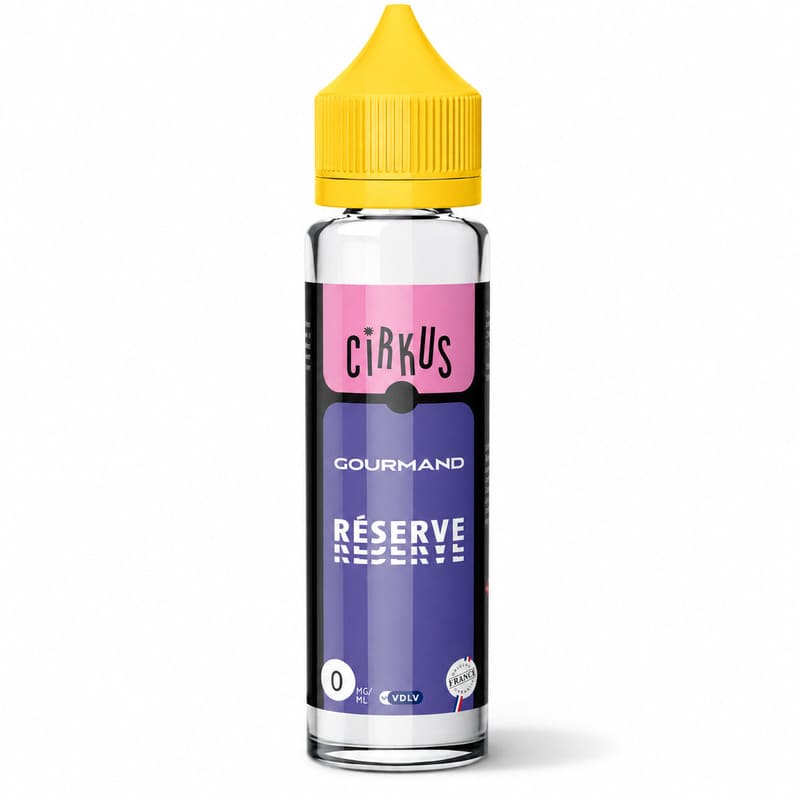 Flacon d'e-liquide Cirkus Réserve 50ml avec bouchon jaune, étiquette rose et violette, et logo VDLV sur fond blanc.