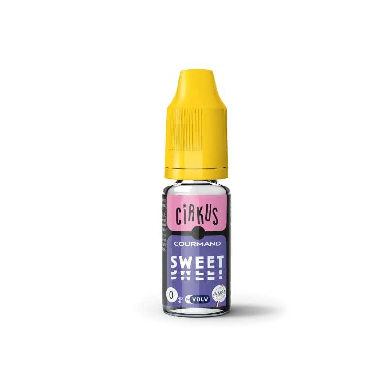 Flacon de 10 ml d'e-liquide VDLV Cirkus Gourmand Sweet avec bouchon jaune et étiquette rose et bleue.