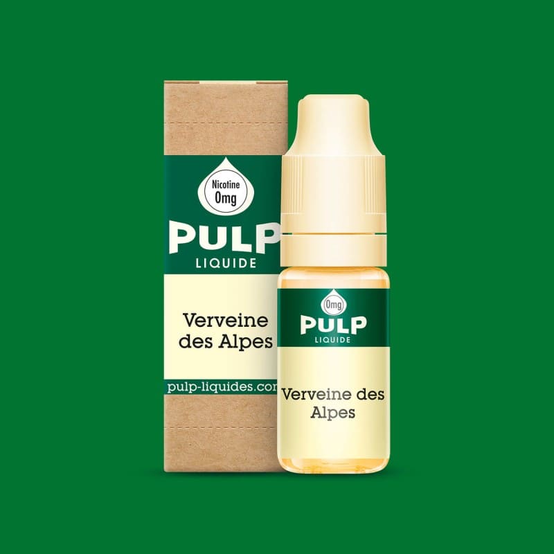 Flacon d'e-liquide PULP Verveine des Alpes 10ml avec sa boîte en carton kraft sur fond vert.