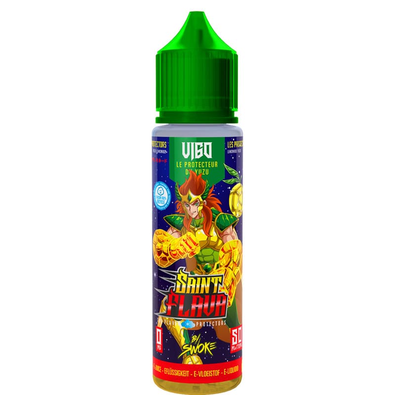 Flacon d'e-liquide Vigo Saint Flava 50ml avec bouchon vert, illustré d'un guerrier manga et de yuzu sur fond bleu étoilé.