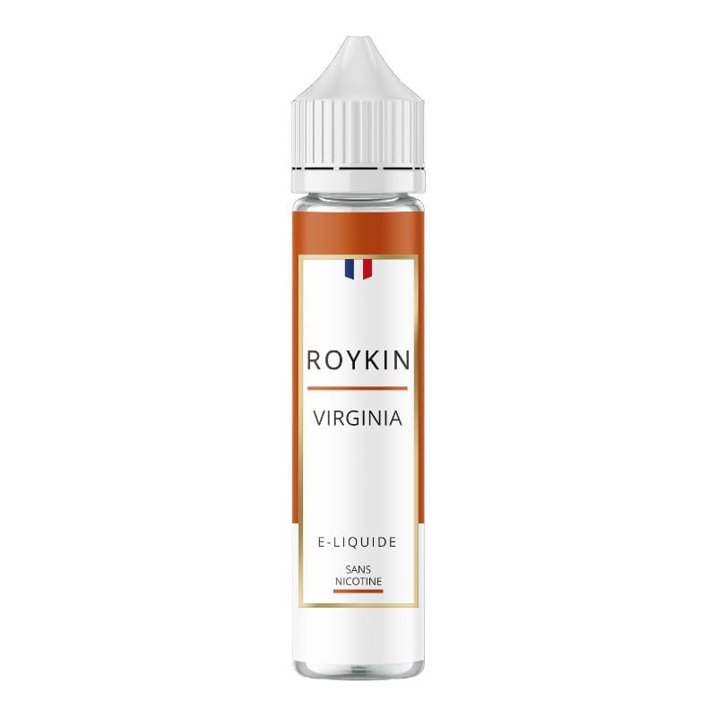 Flacon d'e-liquide Roykin Virginia 50ml avec étiquette blanche et orange, bouchon blanc et drapeau français.