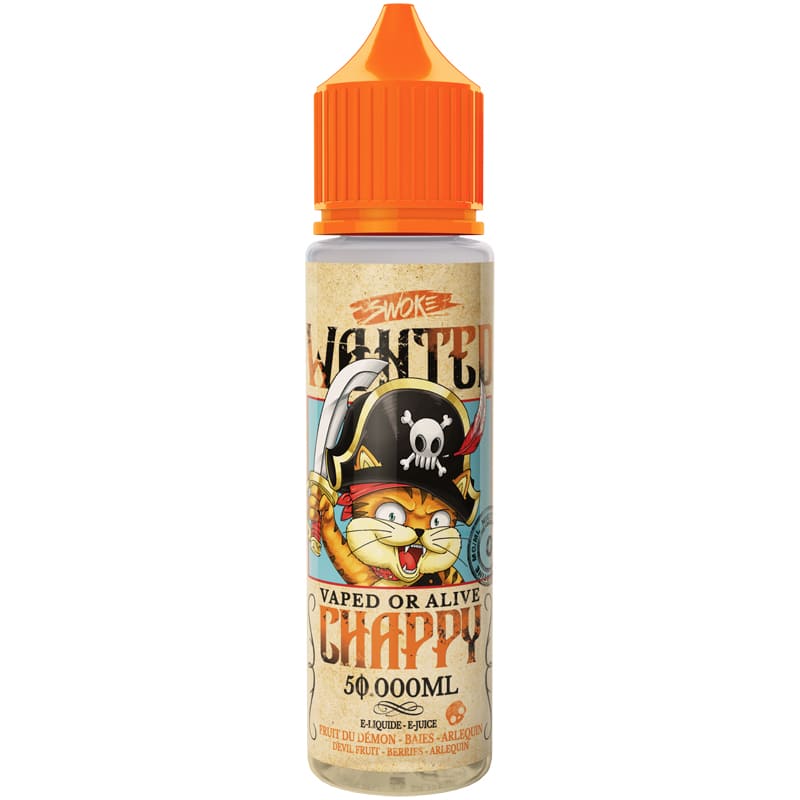 Flacon d'e-liquide Swoke Wanted Chappy 50ml avec bouchon orange et étiquette illustrée d'un chat pirate style cartoon.