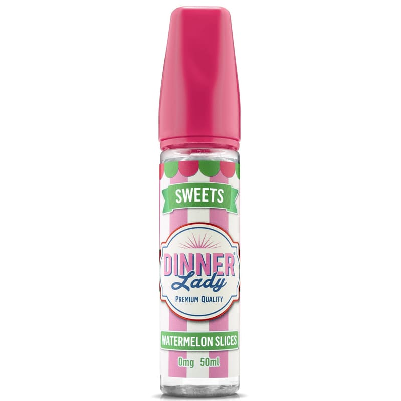 Flacon de 50ml d'e-liquide Dinner Lady Watermelon Slices avec bouchon rose et étiquette rétro à rayures roses et blanches.