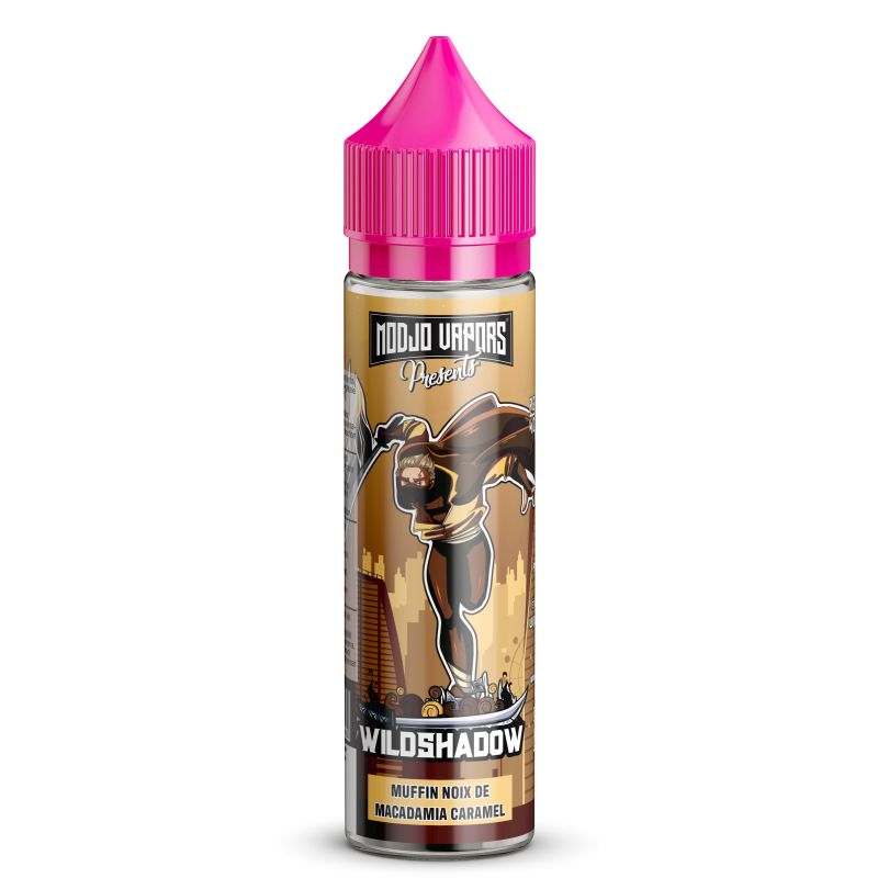 Flacon 50ml Wildshadow Modjo Vapors avec bouchon rose, étiquette illustrée style comics et saveurs muffin macadamia caramel.