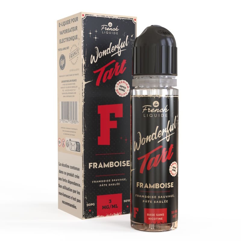 Flacon de 50ml Wonderful Tart Framboise Le French Liquide avec son emballage carton noir et rouge, design élégant.