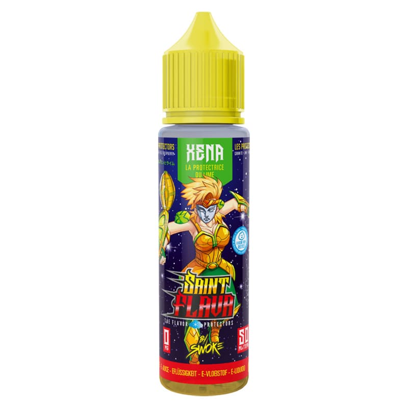 Flacon d'e-liquide 50ml Saint Flava Xena avec bouchon jaune, étiquette illustrée d'une guerrière sur fond spatial bleu.