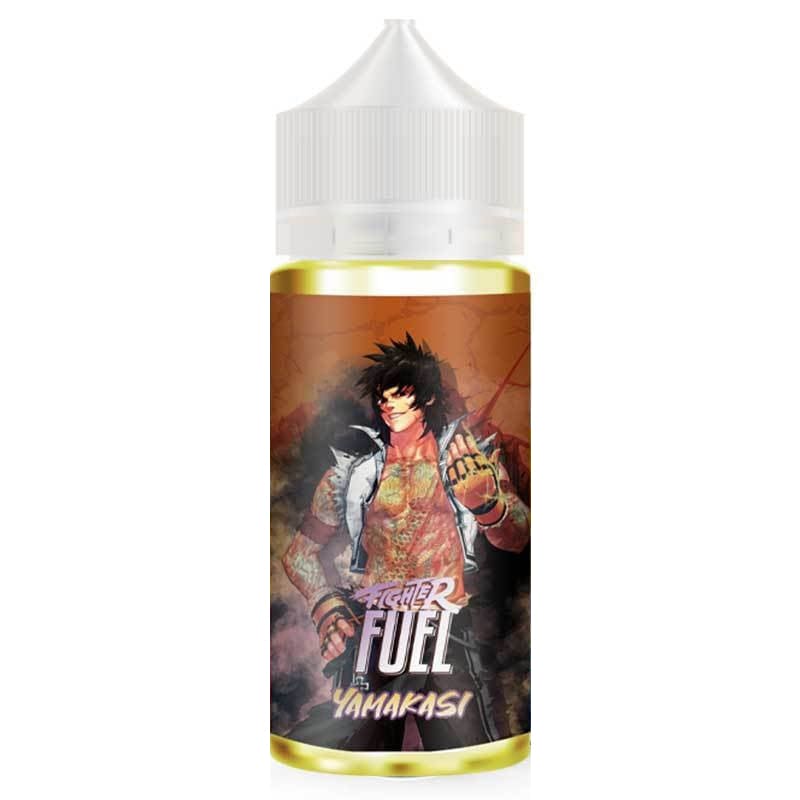 Flacon de e-liquide Fighter Fuel Yamakasi avec étiquette illustrée d'un combattant style manga sur fond orange.