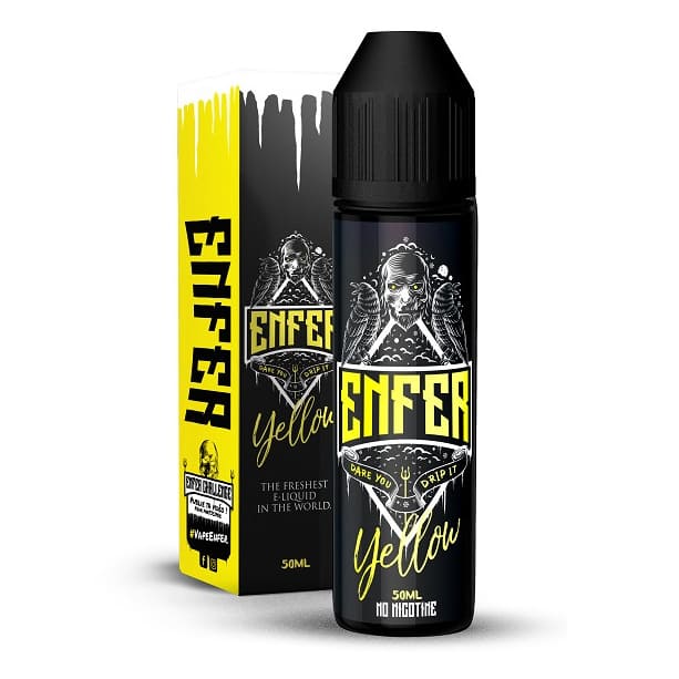 Flacon d'e-liquide Enfer Yellow 50ml avec boîte assortie, design noir et jaune, graphisme tête de mort et effets glacés.
