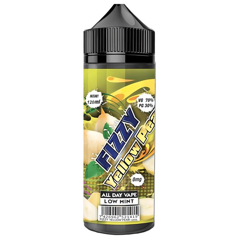 Flacon de 100ml d'e-liquide Fizzy Yellow Pear avec étiquette jaune illustrée de poires juteuses et bouchon noir.