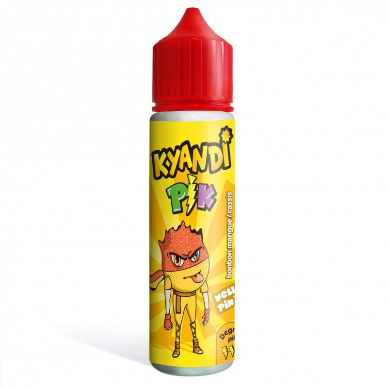 Flacon 50ml Kyandi Shop Yellow Pik avec bouchon rouge, étiquette jaune illustrée d'un personnage de bonbon mangue et cassis.
