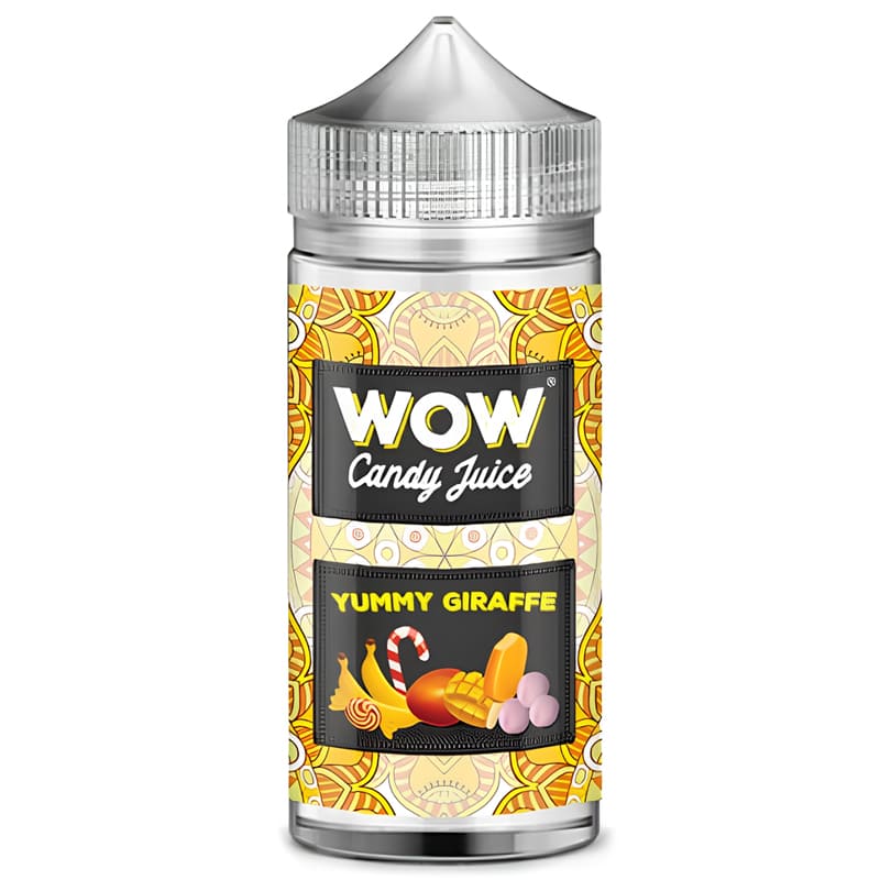 Flacon de 100ml E-liquide Yummy Giraffe Wow Candy Juice avec étiquette jaune à motifs et illustrations de fruits et bonbons.