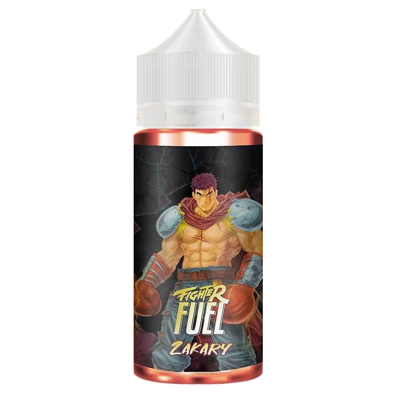 Flacon de e-liquide Fighter Fuel Zakary avec illustration de combattant manga, bouchon blanc et étiquette aux tons sombres.