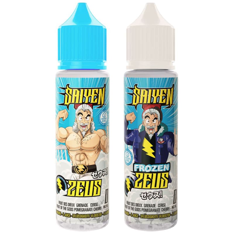 Deux flacons de 50ml d'e-liquide Zeus Saiyen Vapors avec bouchons bleu et blanc, illustrés du personnage Zeus style manga.
