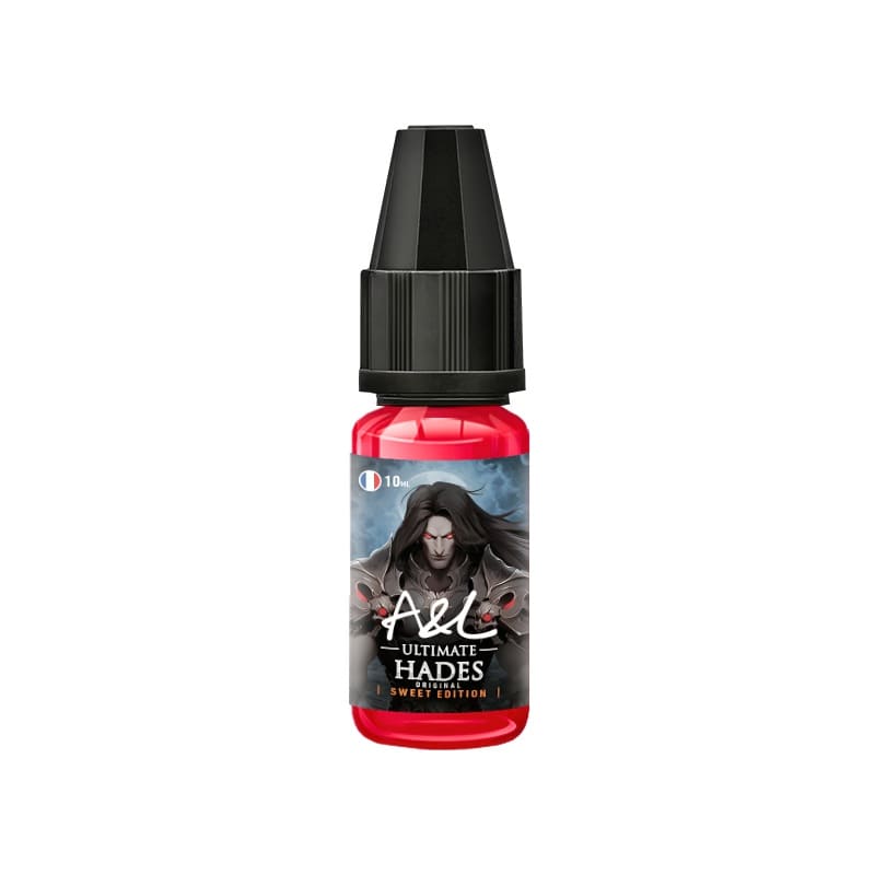 Flacon d'arôme concentré A&L Ultimate Hades 10ml, liquide rouge vif avec étiquette illustrée d'un personnage fantastique.