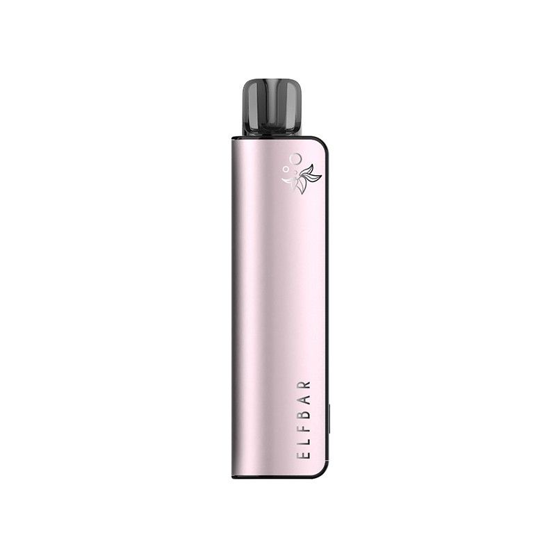 Cigarette électronique Elfbar Elfa Master rose métallique compacte avec cartouche noire et logo gravé.