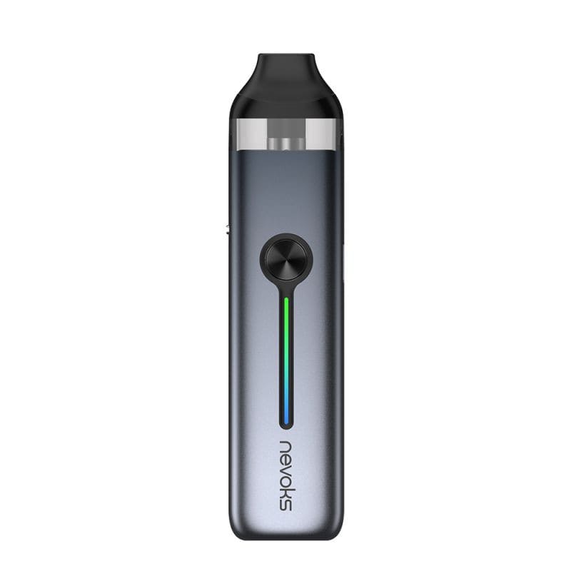 Pod Nevoks Feelin 2 gris métallique compact avec bouton central, indicateur LED vertical et cartouche 3ml noire.