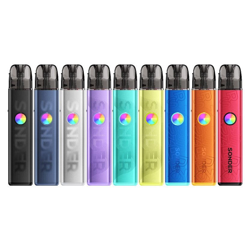 Gamme de pods Geekvape Sonder Q3 en aluminium, disponibles en neuf coloris vibrants avec éclairage RGB et cartouche intégrée.