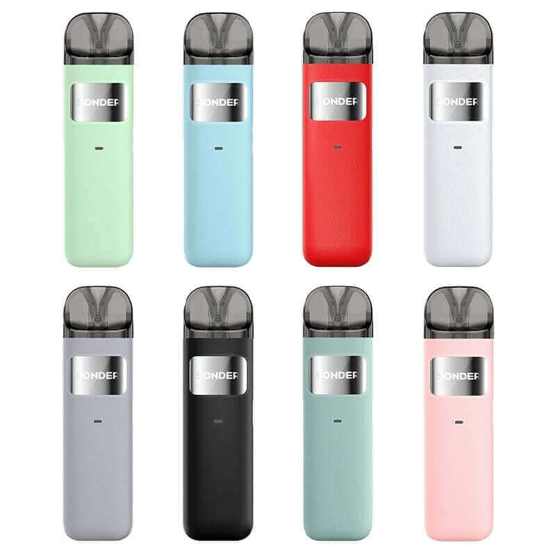 Huit pods Geekvape Sonder U compacts et colorés avec cartouche transparente et logo sur fond texturé.