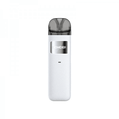 Pod compact Geekvape Sonder U blanc avec cartouche transparente et logo argenté sur fond texturé.
