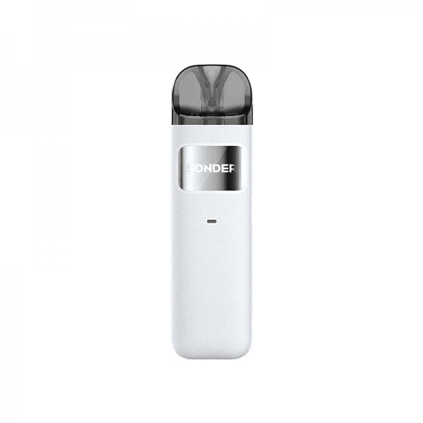 Pod compact Geekvape Sonder U blanc avec cartouche transparente et logo argenté sur fond texturé.