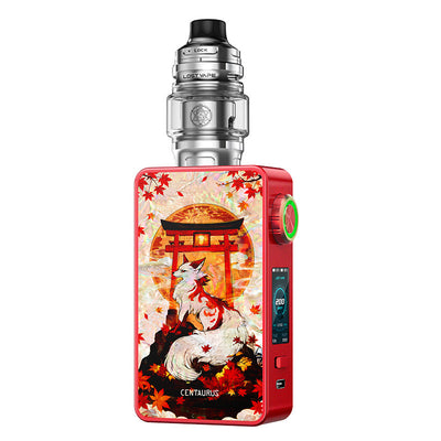 Kit cigarette électronique Lost Vape Centaurus M200 rouge avec illustration de renard et torii sur panneau latéral.