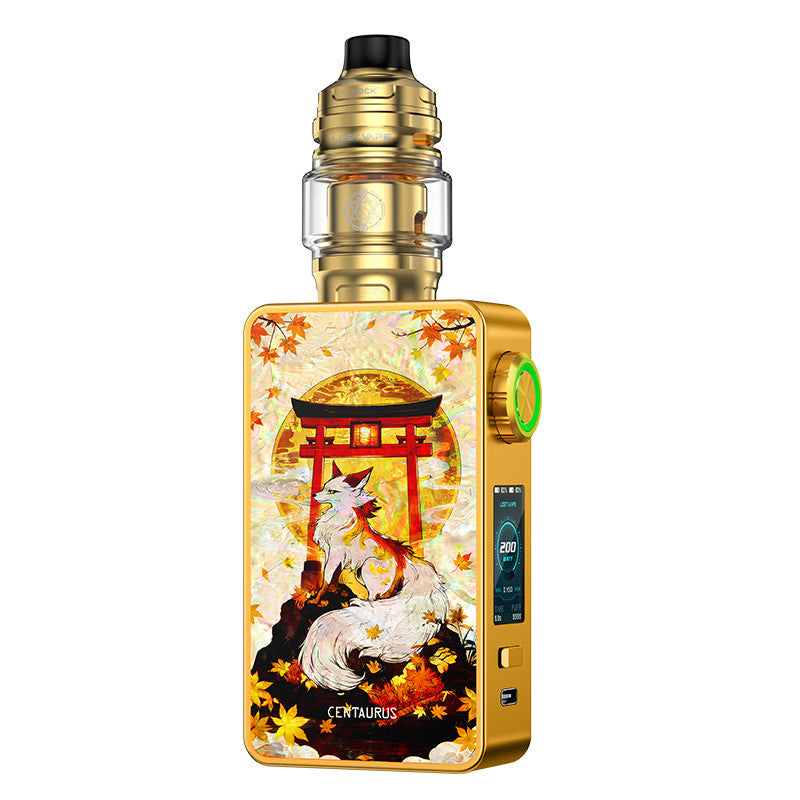 Kit cigarette électronique Lost Vape Centaurus M200 doré avec illustration de renard et torii sur panneau latéral.