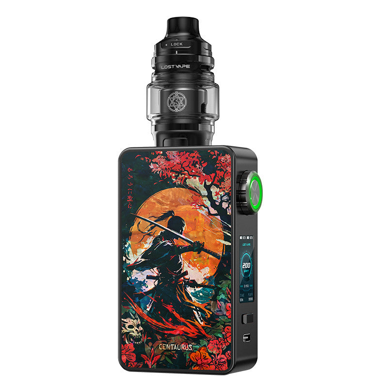 Kit Lost Vape Centaurus M200 noir avec illustration samouraï colorée, écran numérique et bouton rotatif multifonction.