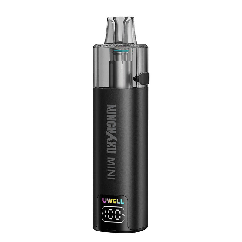 Kit pod Uwell Nunchaku Mini noir compact avec réservoir transparent de 10ml et écran LED indicateur de batterie.