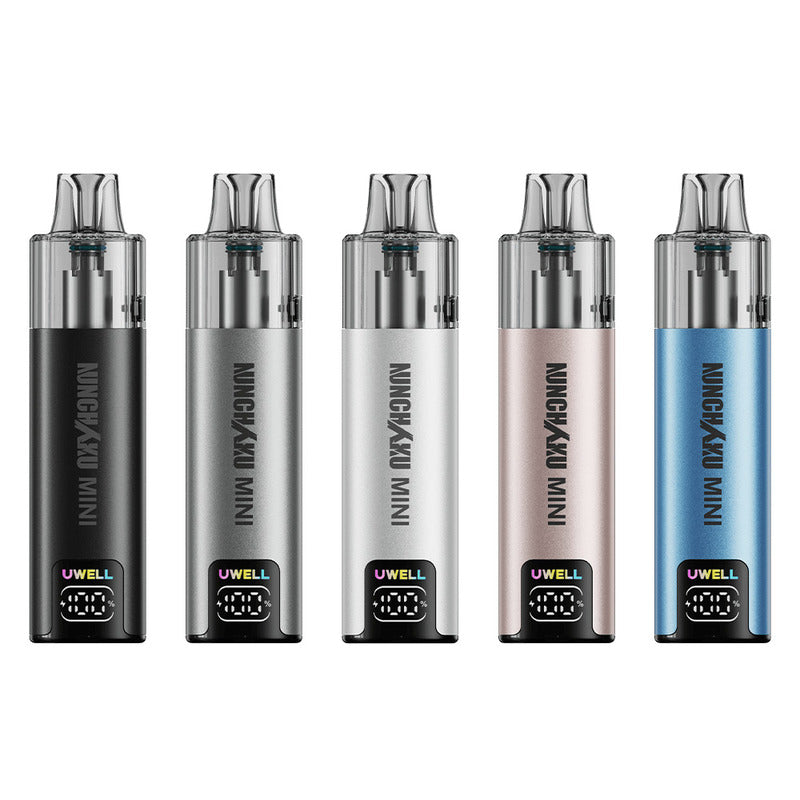Cinq cigarettes électroniques Uwell Nunchaku Mini en divers coloris avec réservoir 10ml et écran batterie intégré.