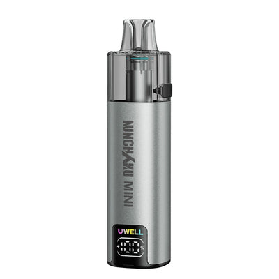 Cigarette électronique Uwell Nunchaku Mini gris argenté avec pod transparent de 10ml et écran LED indicateur de batterie.
