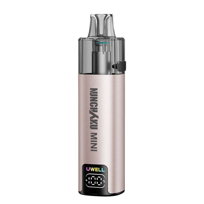 Cigarette électronique Uwell Nunchaku Mini rose, format pod cylindrique compact avec écran LED et réservoir transparent.