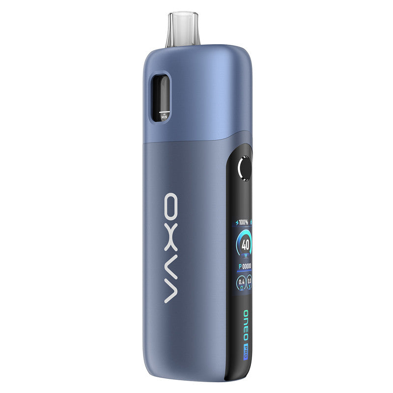 Pod OXVA Oneo Pro bleu en alliage de zinc avec écran couleur TFT 0.96" et cartouche transparente intégrée.