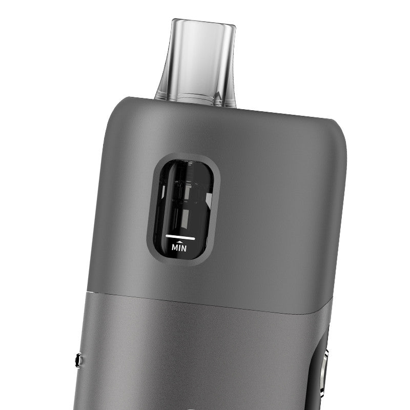 Pod OXVA Oneo Pro gris en alliage de zinc avec cartouche transparente et indicateur de niveau de liquide minimal.